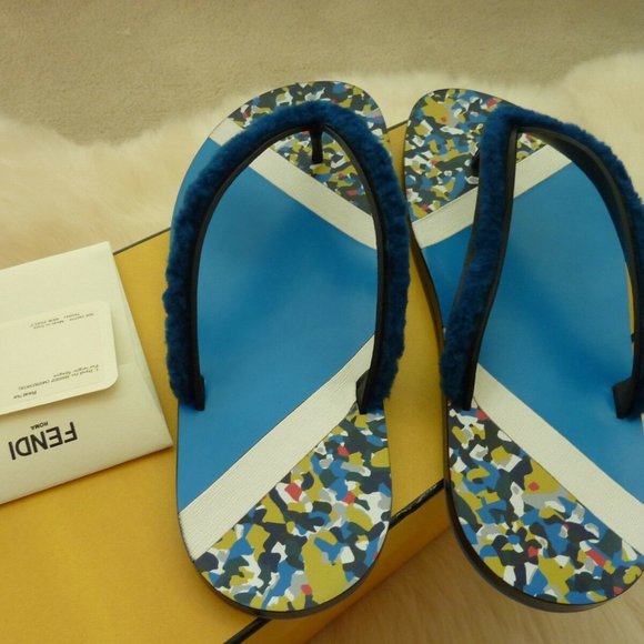 Fendi Men\'s Confetti Fur Flip-Flop Sandal, Blue main image 5